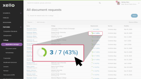 The All document requests page in Xello. The cursor is clicking on a student's progress wheel marked as 3/7 (43%) completed